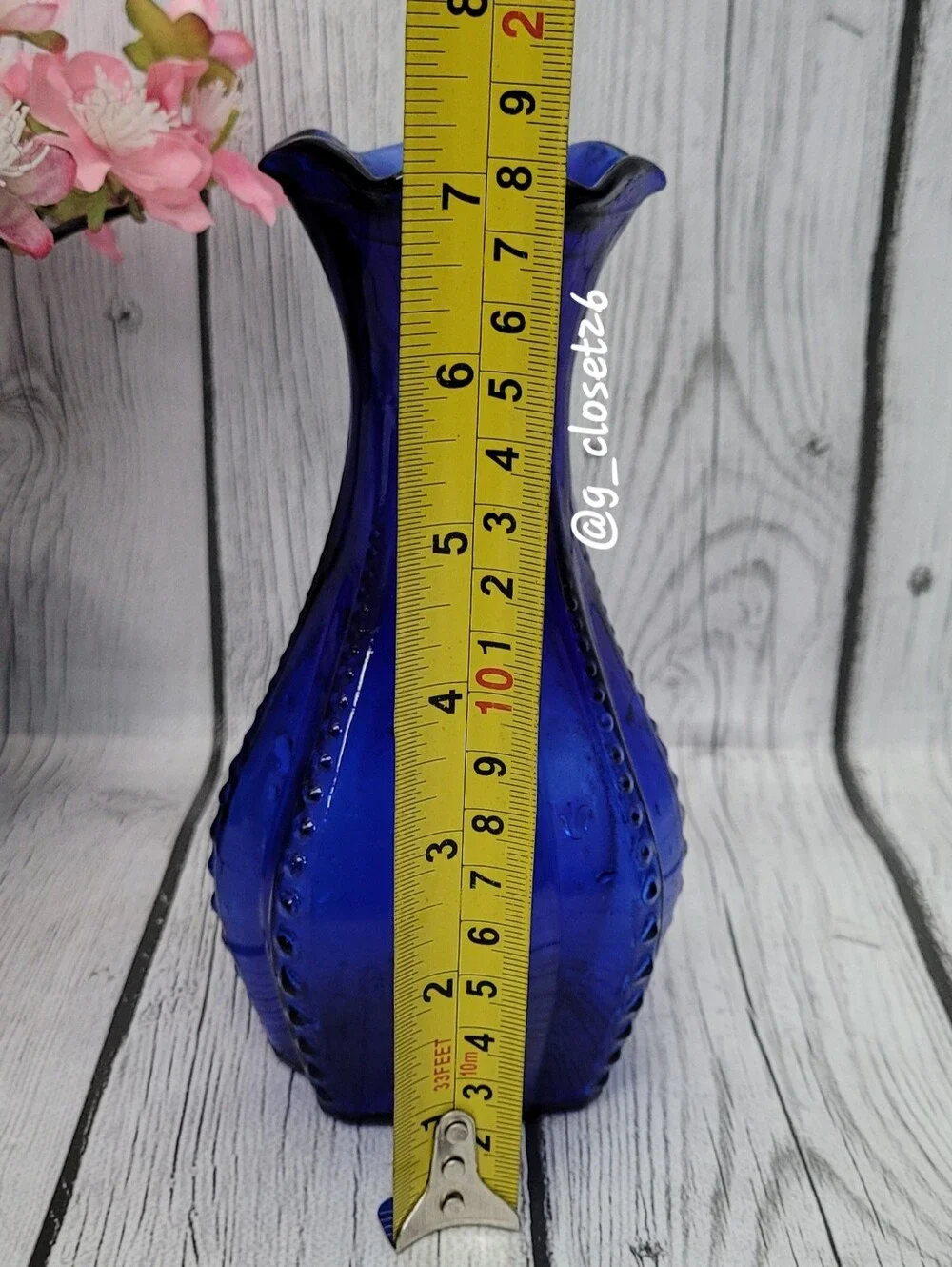Vintage Indiana Glass Cobalt Blue Beaded Rib Vase with Ruffled Rim